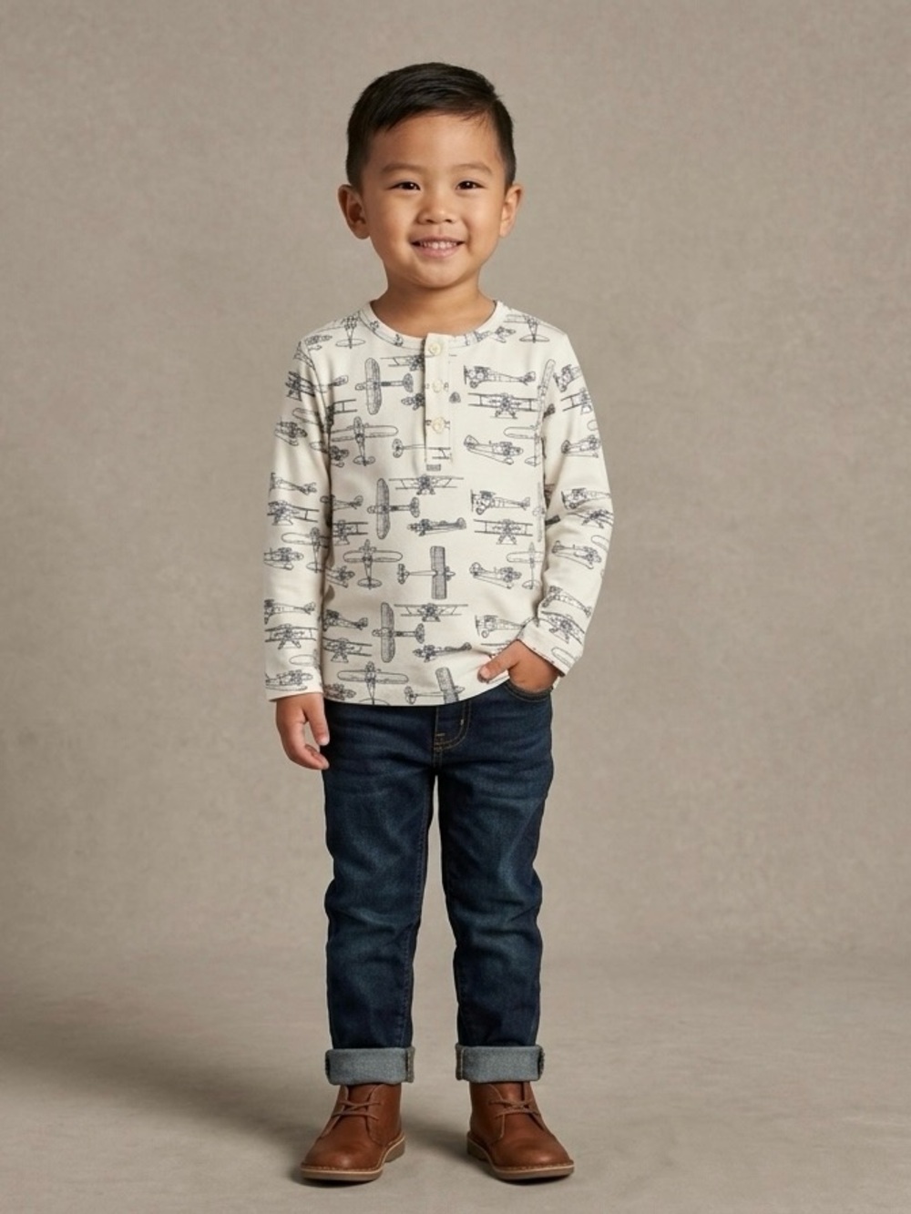 100% Organic Cotton | Long Sleeve Vintage Airplane Henley Tee